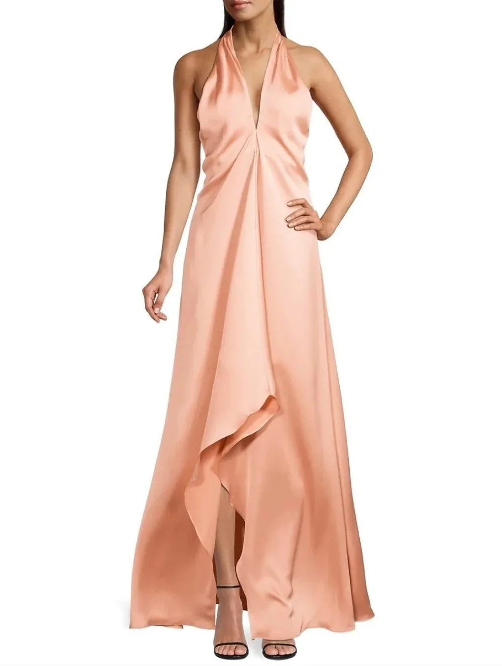 Ramy Brook Carey Rose Quartz Satin Halter Maxi Gown Open Back Formal Dress 00